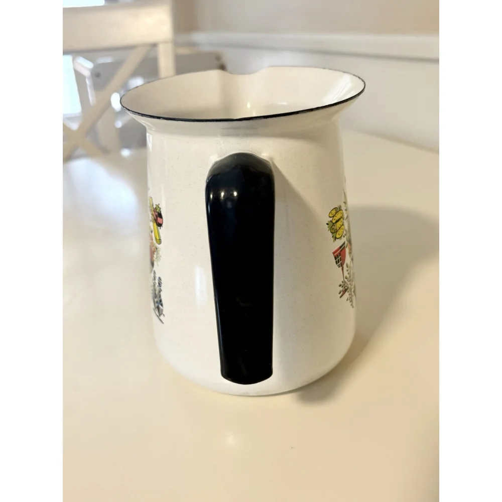 Vintage Enamelware Pitcher Folk Art Fruit Mid Century Farmhouse Kitchen Jug